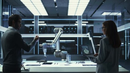 Young Female Engineer Works with Colleague Scientist. They Collaborate on a Robot Arm Development, Research and Manufacture Project. Analyzing and Evaluating Technology and Kinetic System.