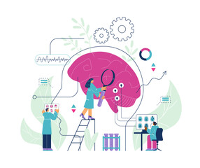 Study of human brain concept with scientists flat vector illustration isolated.