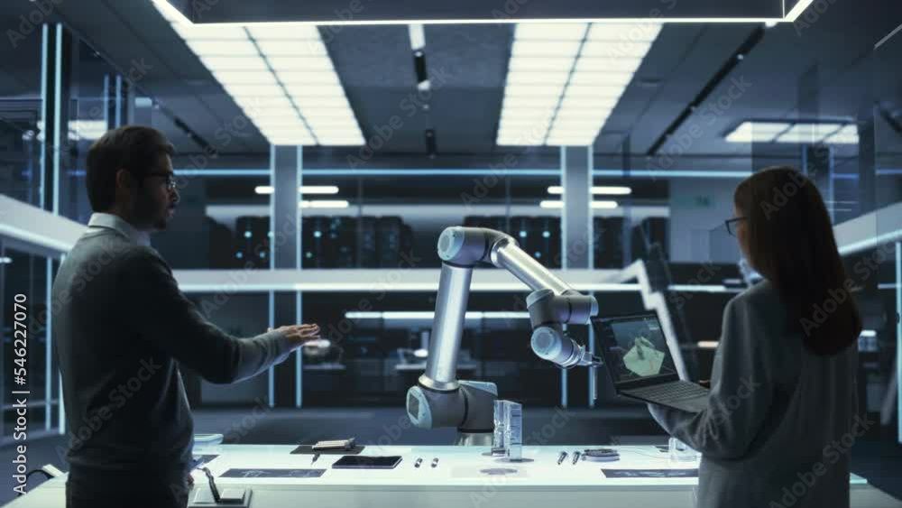 Poster High Tech Facility: Female Engineer and Male Machinery Operator Use Laptop Computer to Operate and Program the Robot Arm for Their Manufacturing Purposes. Team Standing with Their Backs to Camera.