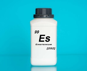 Einsteinium Es chemical element in a laboratory plastic container