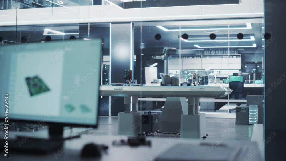 Poster Establishing Shot: Operational Robotic Arm Standing on a Table in a High Tech Research Facility. Robot Hand with Artificial Intelligence Capacity Working at Industrial Robotics Development Startup.