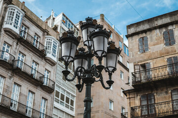 Fototapeta na wymiar The iconic old street lights in Vigo's Old Town 