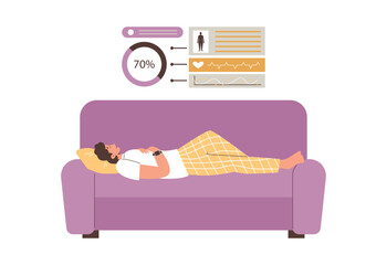 Man sleeping on sofa and sleep monitoring application interface, vector isolated.