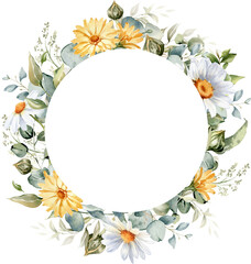 Watercolor floral frame, border, wreath. Daisy flower, calendula, lavender, eucalyptus branches and leaves. Summer wildflowers for greeting cards and invitations, logo and DIY.