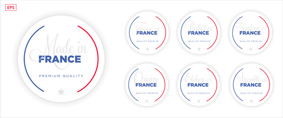 Collection de logo Made in France, fabriqué en France, origine France, élaboré en France, transformé en France, assemblé en France, origine France, coq et drapeau sur fond blanc, bleu blanc rouge