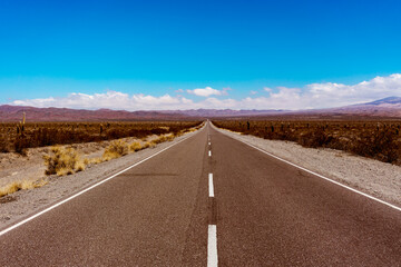 Travel into the unknown. Empty road in the Andes mountain range desert, on the way to Salta, Argentina.
