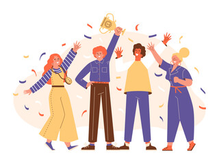 Fototapeta premium Group of happy people won golden trophy, flat vector illustration isolated on white background.