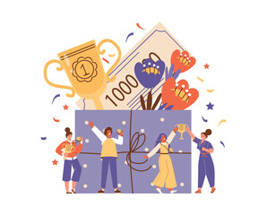 Happy people winning money and golden trophy with medals, flat vector illustration isolated on white.