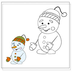 Coloring book for children. Draw a cute cartoon snowman based on the drawing. Vector illustration