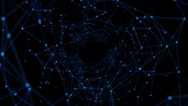 Network connected data tunnel animation on black background. Connected blue dots and lines, 4K Video	
