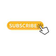 Subscribe vector 3d shiny button. Yellow web element with cursor hand.