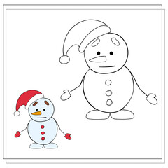 Coloring book for children. Draw a cute cartoon snowman based on the drawing. Vector illustration