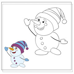 Coloring book for children. Draw a cute cartoon snowman based on the drawing. Vector illustration