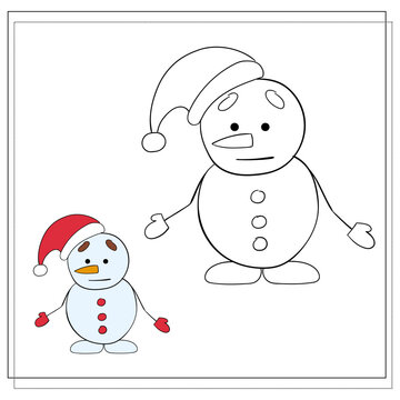 Coloring book for children. Draw a cute cartoon snowman based on the drawing. Vector illustration