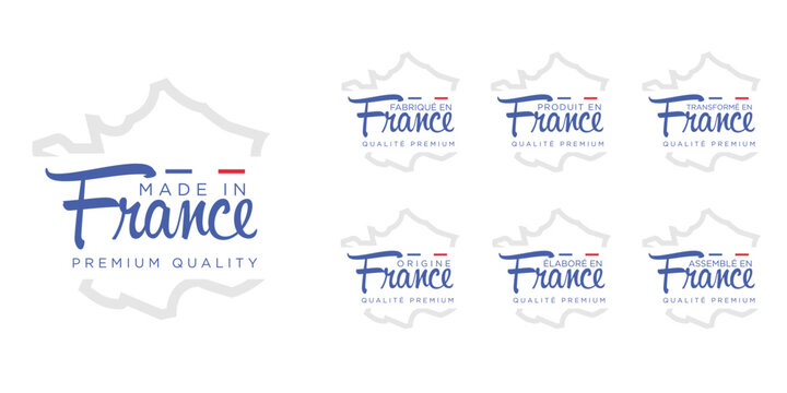 Collection de logo Made in France, fabriqu&eacute; en France, origine France, &eacute;labor&eacute; en France, transform&eacute; en France, assembl&eacute; en France, origine France, avec coq et drapeau sur fond blanc, bleu blanc rouge