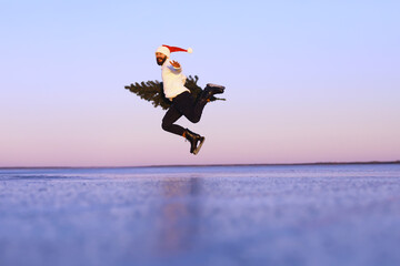 Santa Claus on ice skates goes to Christmas. Santa Claus hurries to meet the New Year with gifts...