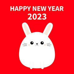 Happy Chinese New Year 2023. The year of the rabbit. White bunny icon. Funny head face. Cute kawaii cartoon round character. Baby greeting card. Red background. Flat design.