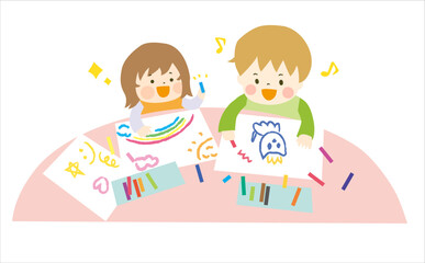 クレヨンで絵を描いている2人の子ども