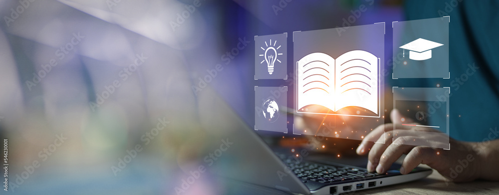 Fototapete concept of online education. man use online education training and e-learning webinar on internet fo
