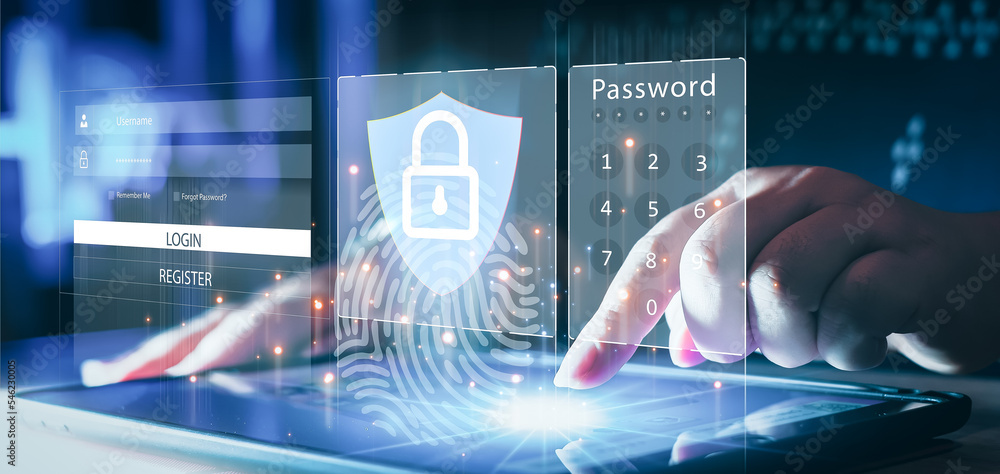 Poster cyber security data protection business technology privacy concept man hand typing on keyboard with 
