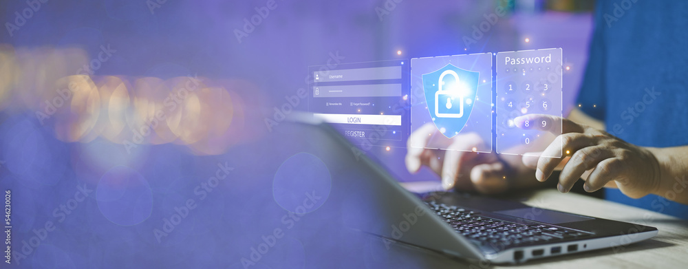 Poster cybersecurity concept, internet security, screen with padlock. digital cybersecurity and network pro