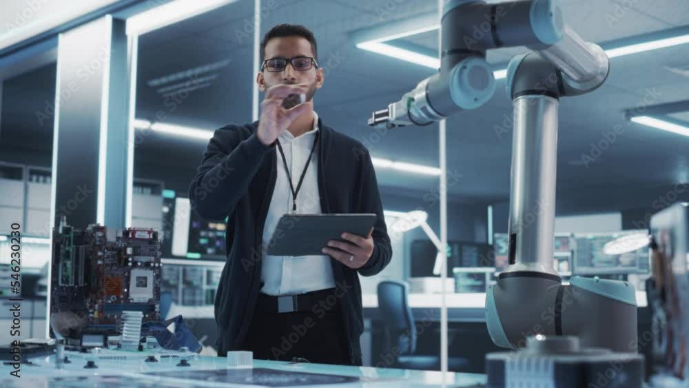 Aufkleber Portrait of a Young Multiethnic Male Engineer Using Tablet Computer. Interacting with a Robotic Arm Machine, Receiving a Microchip from the Hand. High Tech Industrial Laboratory Facility.