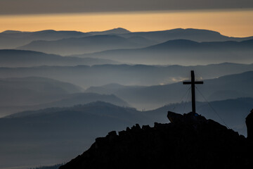 Catholic cross on top of the mountain. Mt. Solisko, Tatra Mountains, Slovakia.