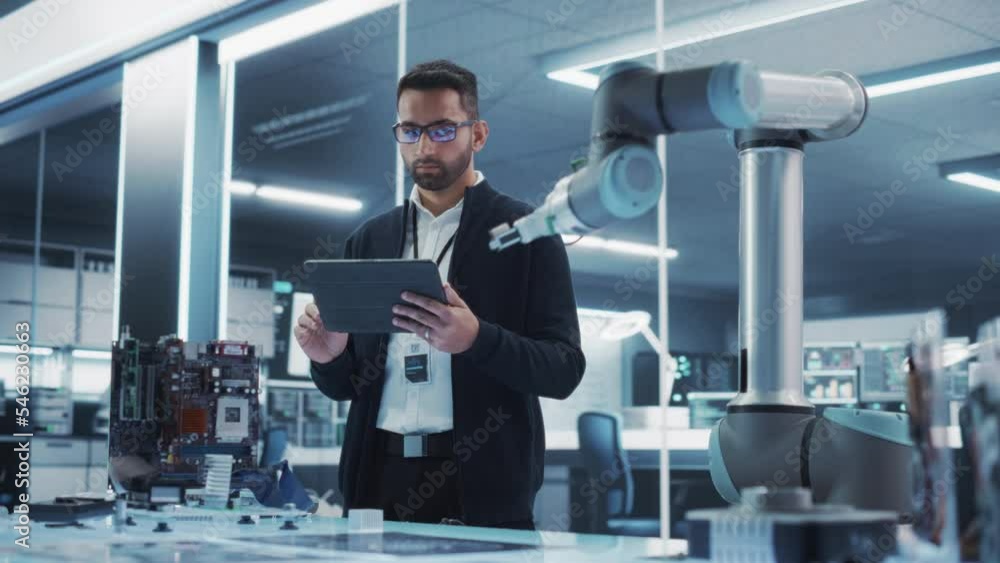 Fototapete Industrial Robotics Professional Interacting with Robotic Arm During a Research Phase in a High Tech Startup. Scientist Uses Tablet Computer to Manipulate and Program the Robot to Move a Microchip.