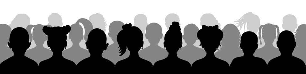 Children spectators, silhouette of boys and girls sitting in row. Vector illustration