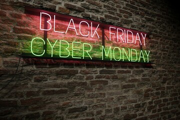 neon light poster with black friday and cyber monday lettering