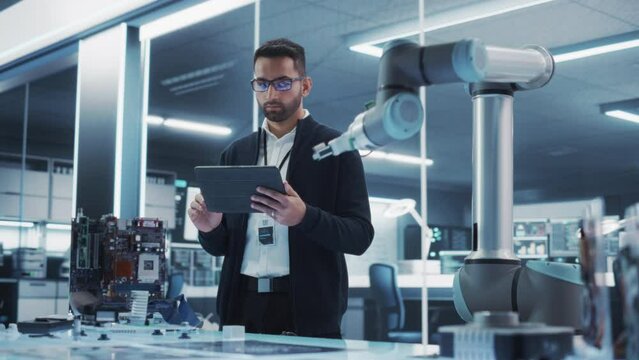 Industrial Robotics Professional Interacting with Robotic Arm During a Research Phase in a High Tech Startup. Scientist Uses Tablet Computer to Manipulate and Program the Robot to Move a Microchip.