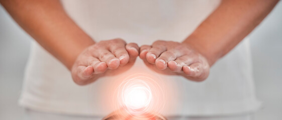 Hands, light energy and chakra healing for spa healthcare and luxury wellness. Woman palm, reiki therapy and spiritual aura expert or healthy power balance for calm lifestyle with body wellbeing - obrazy, fototapety, plakaty