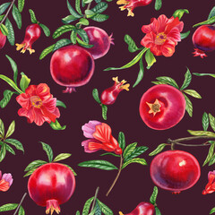 Pomegranates on a branch watercolor seamless pattern. Hand drawn realistic red fruits and flowers with leaves endless background for fabric and wallpaper. Tropical tree botanical illustration.