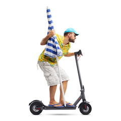 Man going to the beach riding an electric scooter