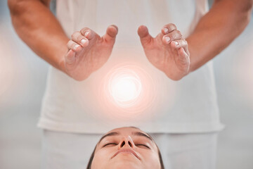 Therapy, massage and reiki with digital overlay above the head of a woman client in a spa to relax. Hands, special effects and detox with a female customer lying on a bed for wellness or luxury