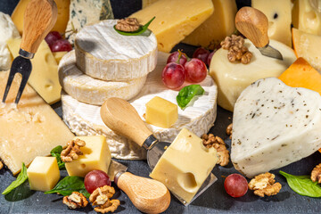 Different sorts of cheese set. Cheese platter with various cheese, with grapes, nuts, cheese knife and spices, wooden background copy space