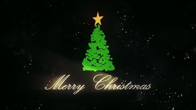 3d Christmas tree and light particles on black background. Christmas or New Year background. Motion design, modern animated live image. Christmas spirits and mood.