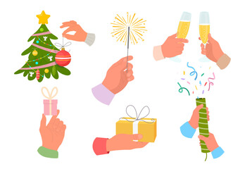Christmas objects set. Hands holding giftbox, sparklers, champagne glasses, christmas tree and other holiday decorative toys. New Year celebration concept. Vector illustration of Holidays.