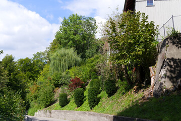 Beautiful garden at famous town Kyburg on a sunny late summer day. Photo taken September 1st, 2022, Kyburg, Switzerland.