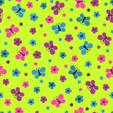 Bright seamless pattern with simple flowers and butterflies. Cute print for children's clothes
