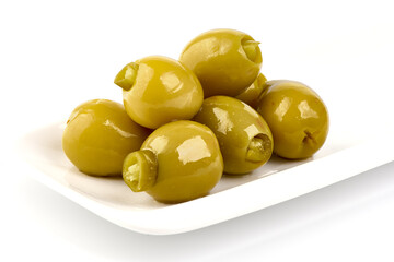 Delicious green olives with jalapeno, isolated on white background.