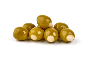 Garlic Stuffed Green Olives, isolated on white background.