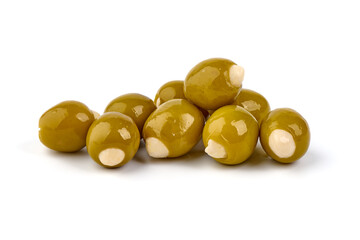 Garlic Stuffed Green Olives, isolated on white background.