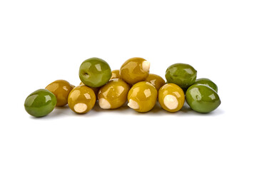 Garlic Stuffed Green Olives, isolated on white background.