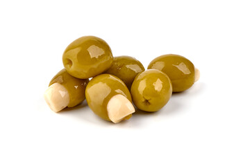 Garlic Stuffed Green Olives, isolated on white background.