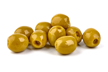 Green olives, isolated on a white background.