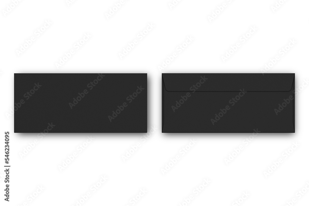 Poster black dl envelope mockup isolated on white background. 3d rendering. front and back side.