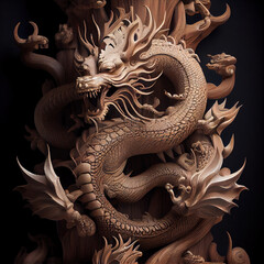 Fototapeta premium wooden totem of an chinese dragon, dark wood, sculpture very detailed.