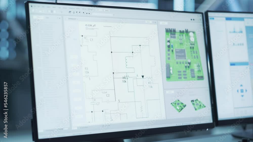 Aufkleber Close Up of a Computer Monitor Display with 3D CAD Software Interface with Digital Electronic Diagram of a Circuit Motherboard Being Designed. Modern Factory Engineer's Office Concept.