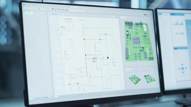 Close Up of a Computer Monitor Display with 3D CAD Software Interface with Digital Electronic Diagram of a Circuit Motherboard Being Designed. Modern Factory Engineer's Office Concept.